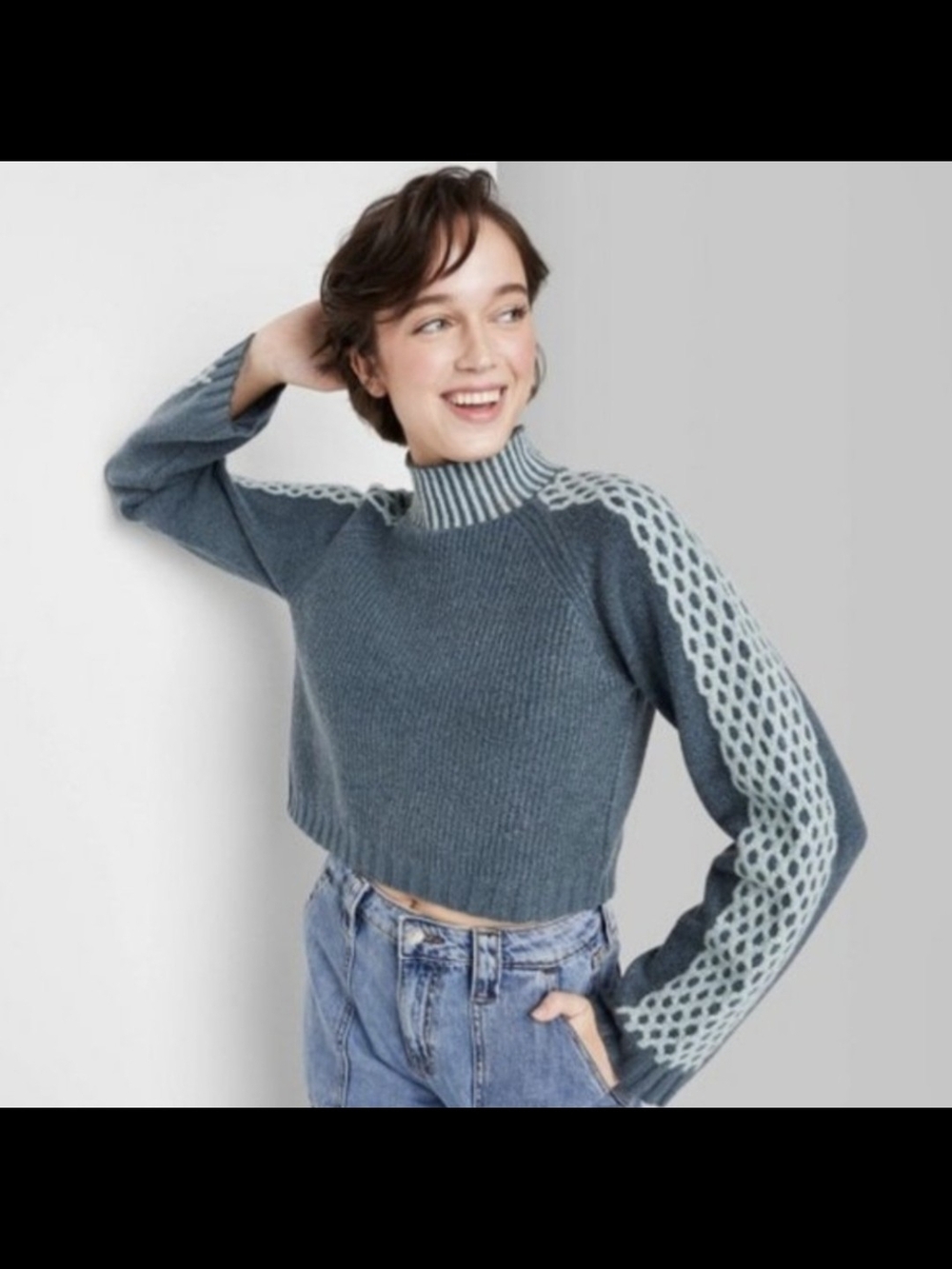 Wild Fable Women’s Mock Turtleneck Boxy Pullover Sweater in Contrasting Blues XL